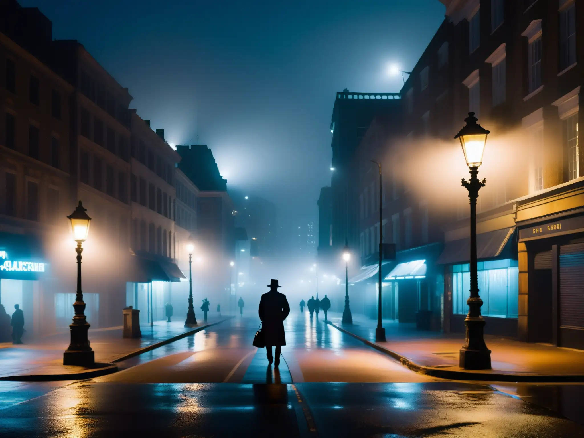 Un misterioso personaje bajo una farola en la neblina de la ciudad, capturando el impacto de las leyendas urbanas y la imaginación colectiva