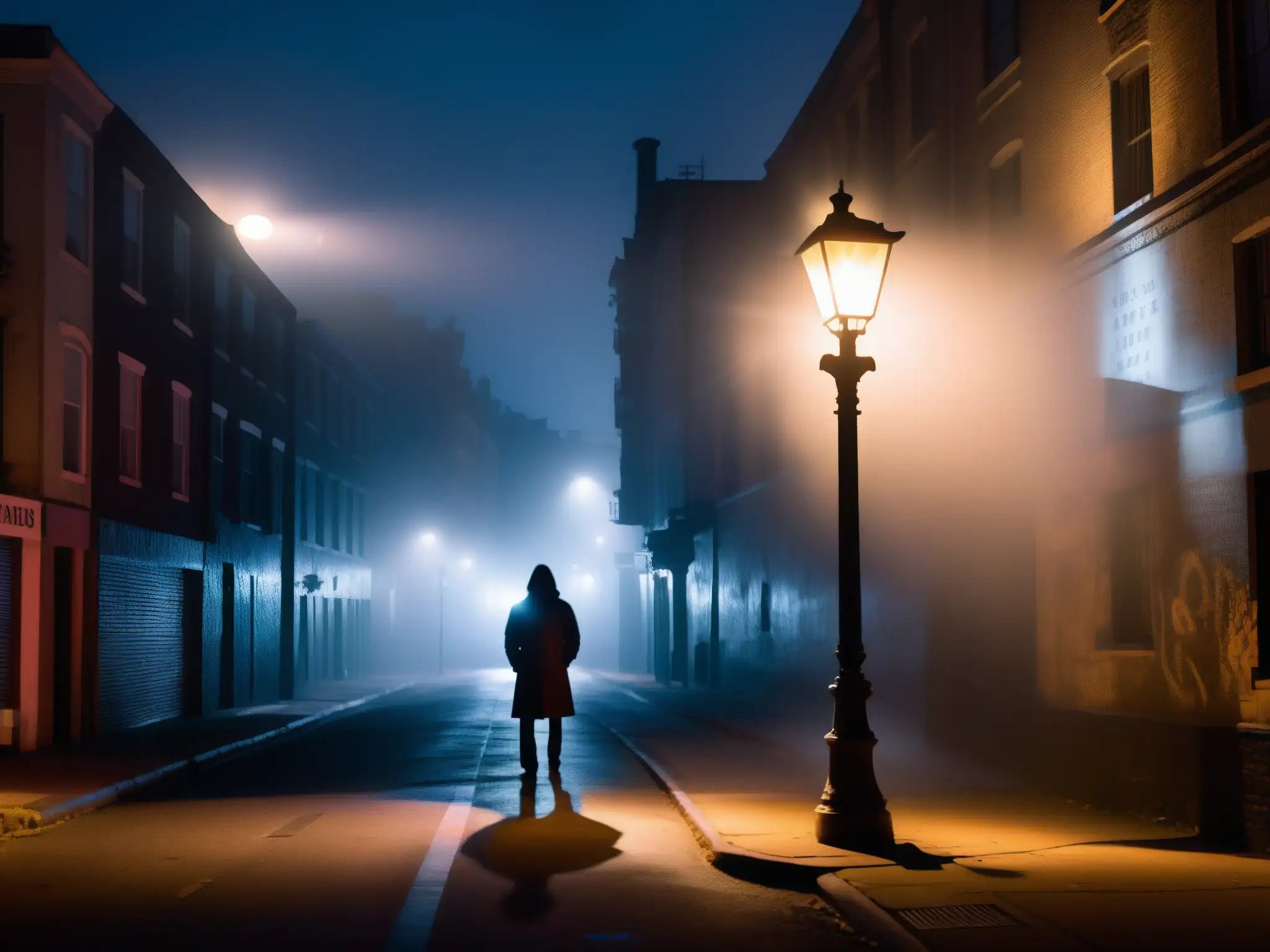 Un misterioso personaje bajo la luz de una calle en penumbras, rodeado de niebla y graffiti, evocando el impacto de leyendas urbanas en conducta