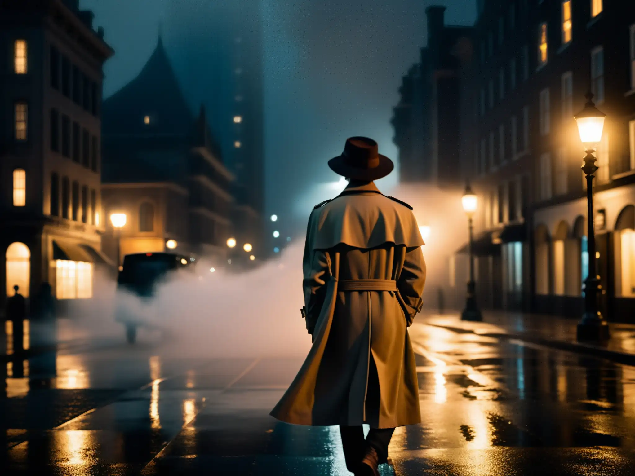 Un misterioso personaje bajo la luz de la calle en la noche, rodeado de neblina y edificios imponentes