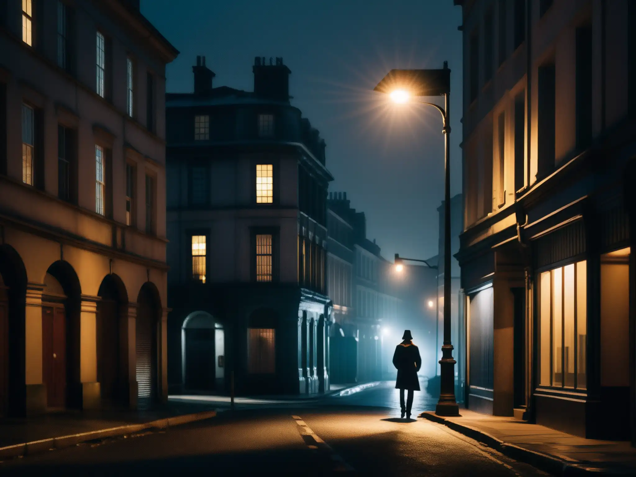 Un misterioso personaje bajo la luz de una farola en una oscura calle urbana, evocando el impacto de las leyendas urbanas en la salud mental
