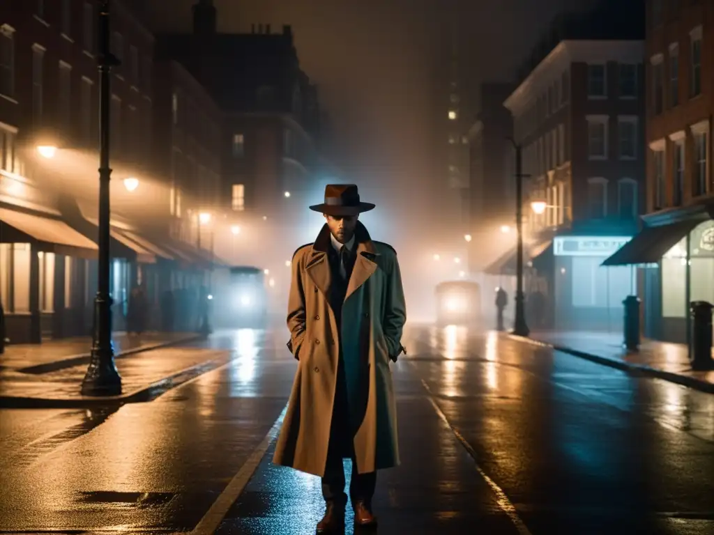 Un misterioso personaje bajo la luz de la farola en una calle urbana llena de niebla