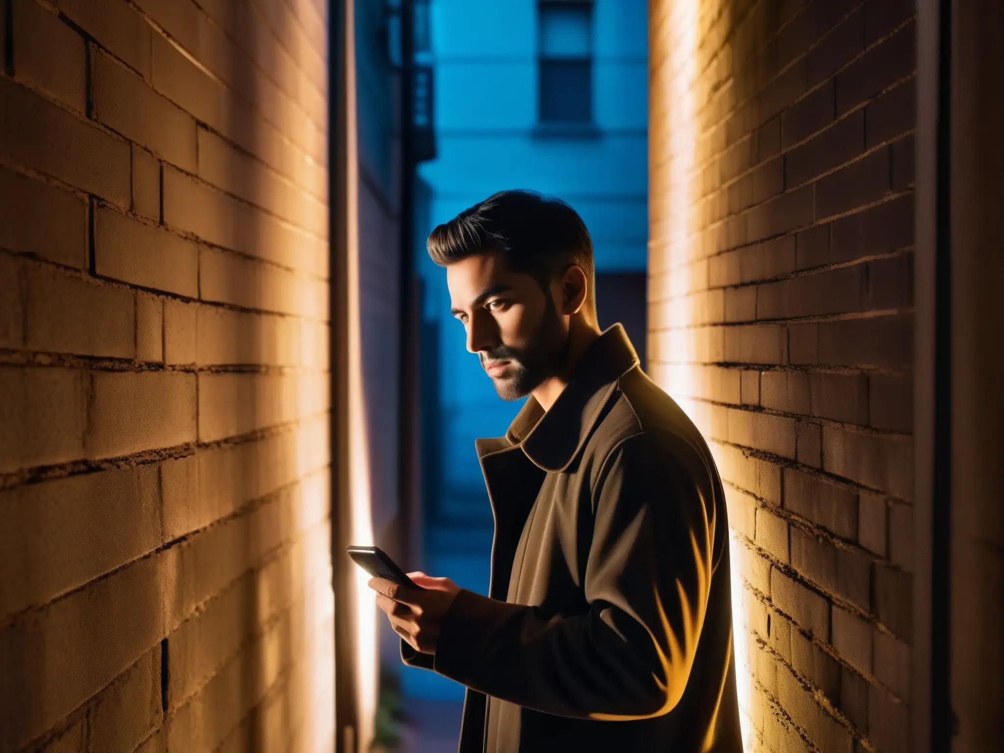 Un misterioso personaje en la oscuridad de un callejón, iluminado por un smartphone, conecta con leyendas urbanas dispositivos inteligentes