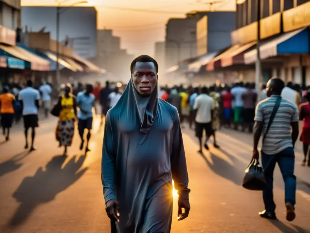 Un misterioso personaje se funde en el paisaje urbano de Abidjan al anochecer, evocando mitos y leyendas urbanas