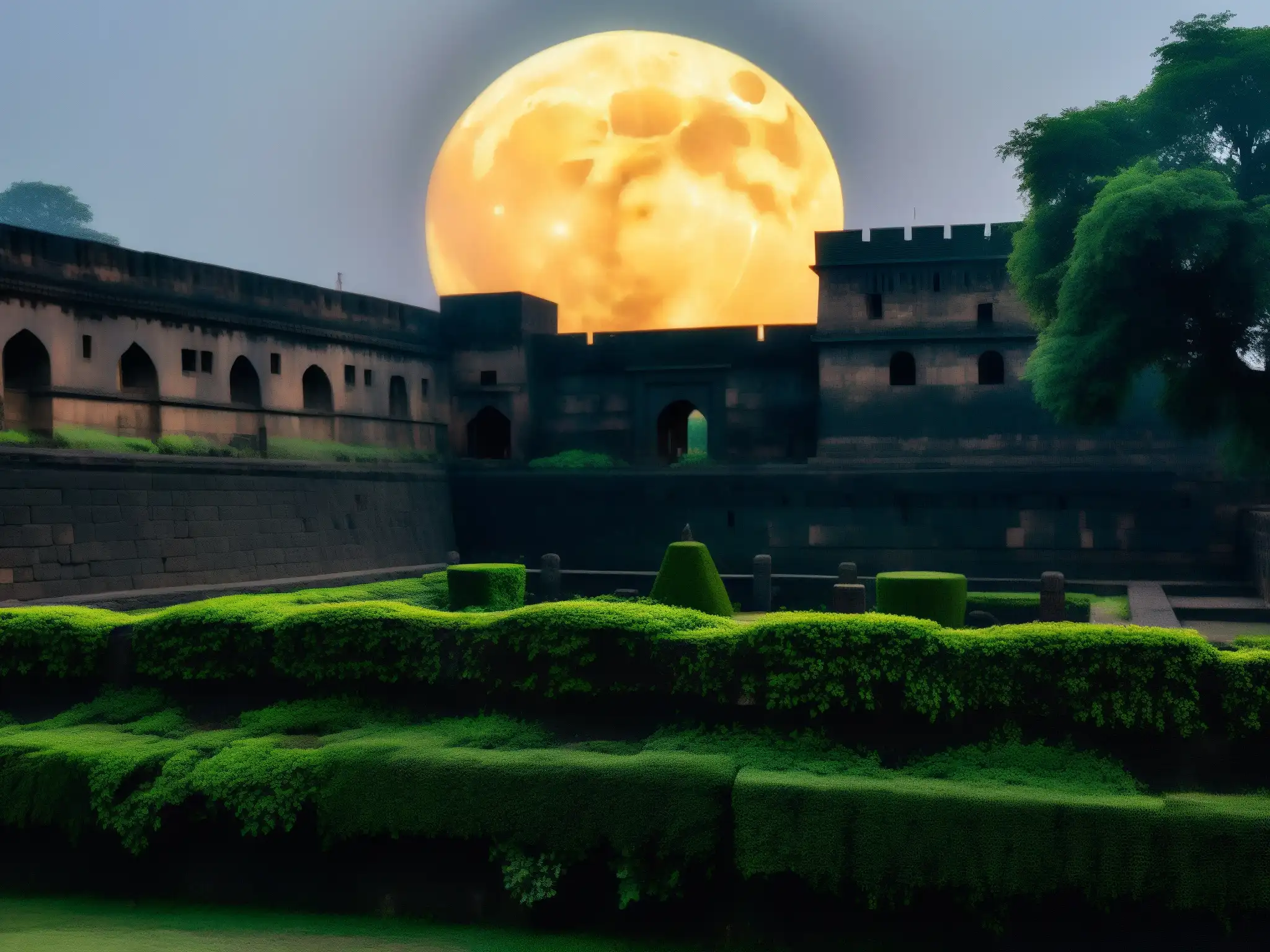 Misterioso pozo del antiguo Shaniwarwada Fort, iluminado por la luna, rodeado de enigmática vegetación y niebla