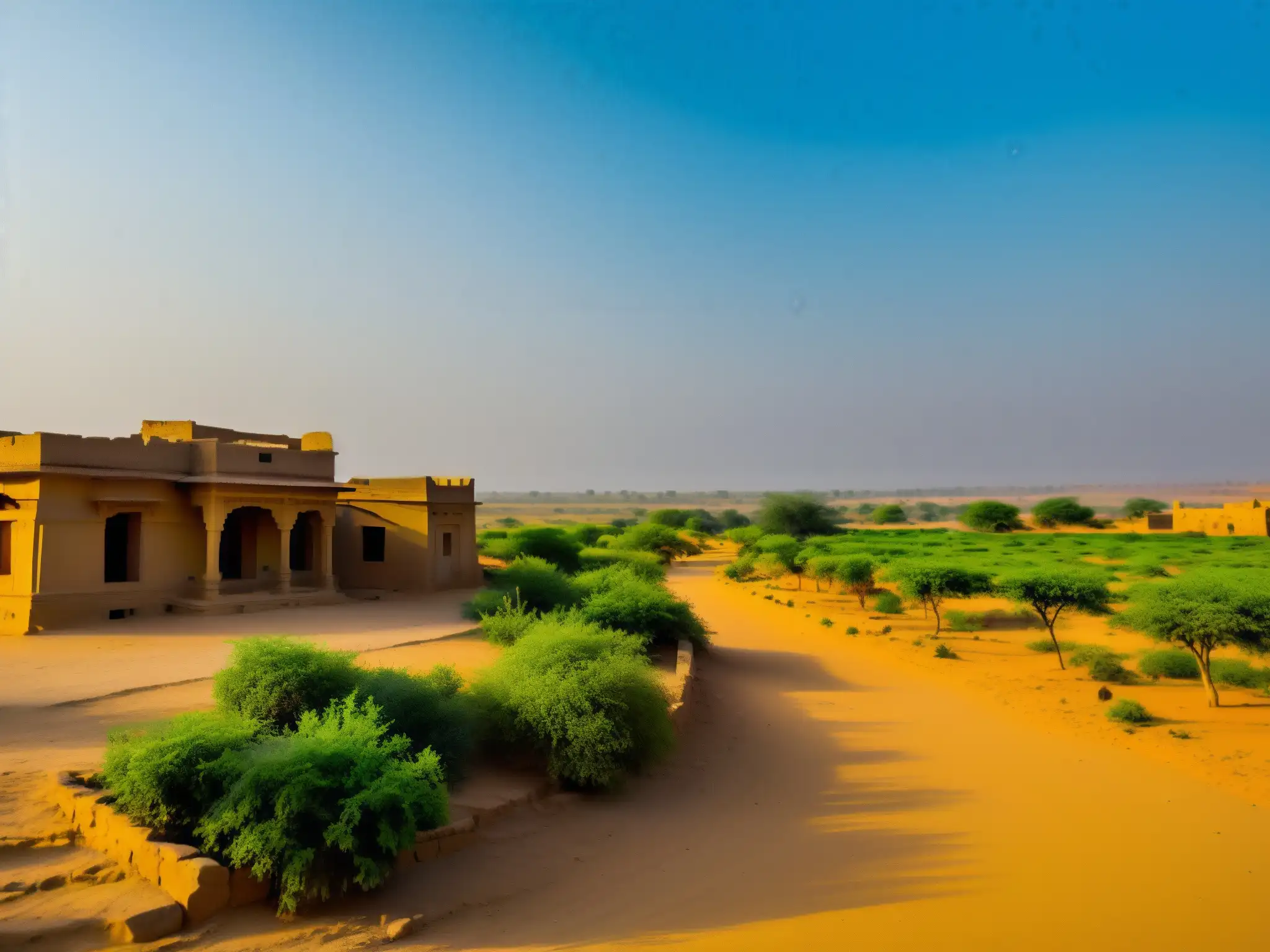 Misterioso pueblo abandonado de Kuldhara, Rajasthan, envuelto en una cálida luz dorada
