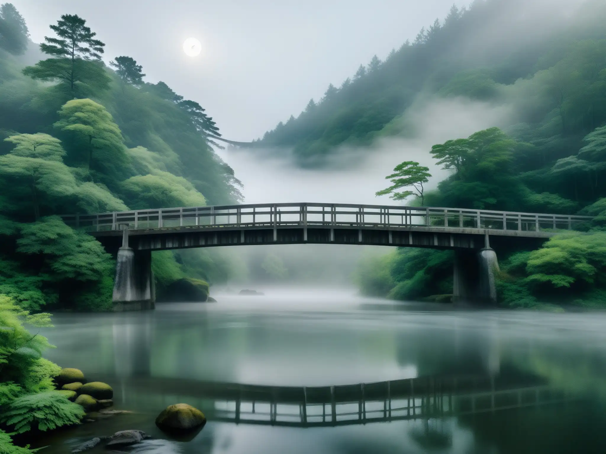 Un misterioso puente Inubashiri emerge entre la niebla en un entorno paranormal