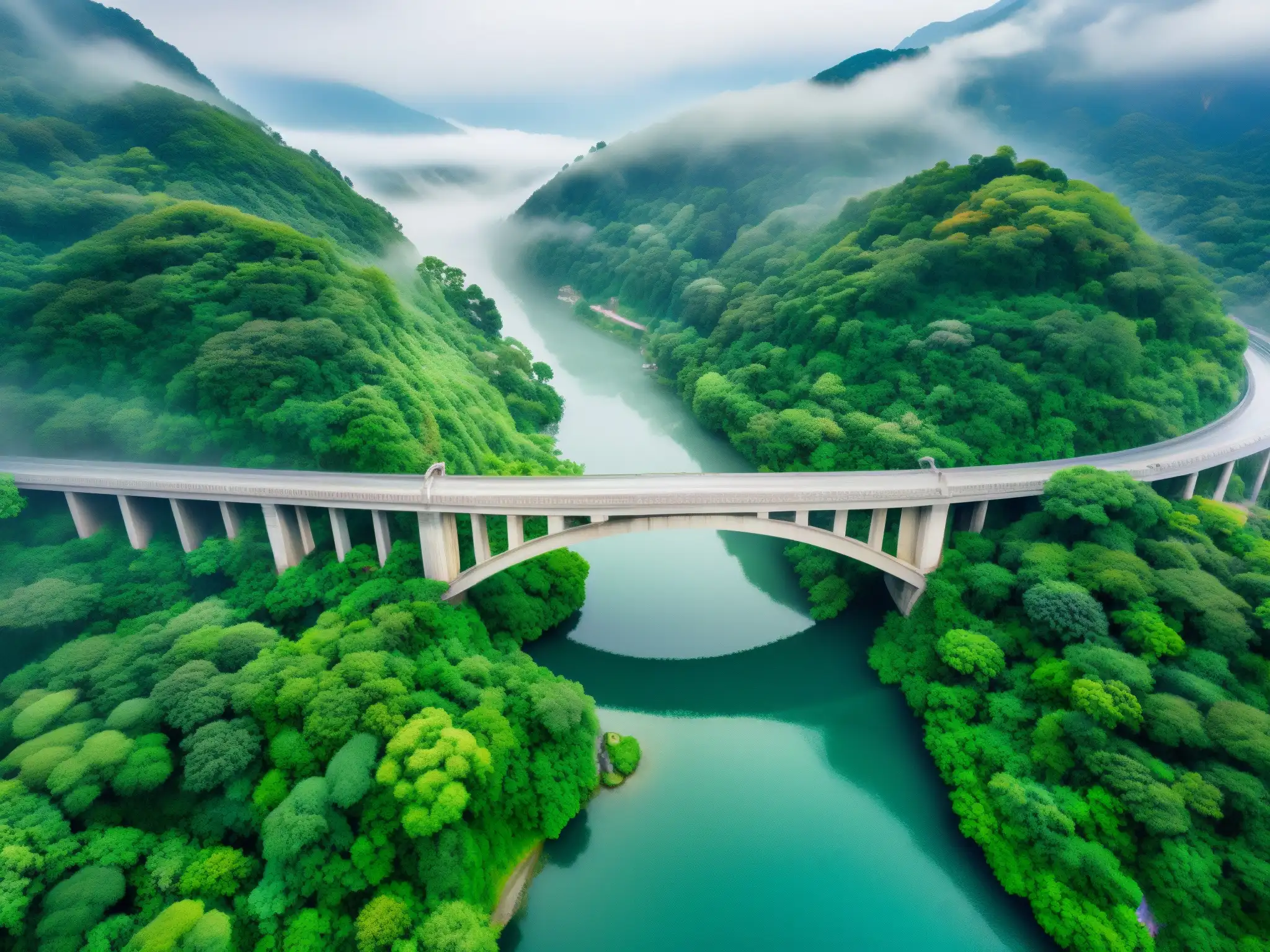 El misterioso puente de Saruhashi emerge entre la neblina, rodeado de exuberante vegetación y atravesando aguas cristalinas