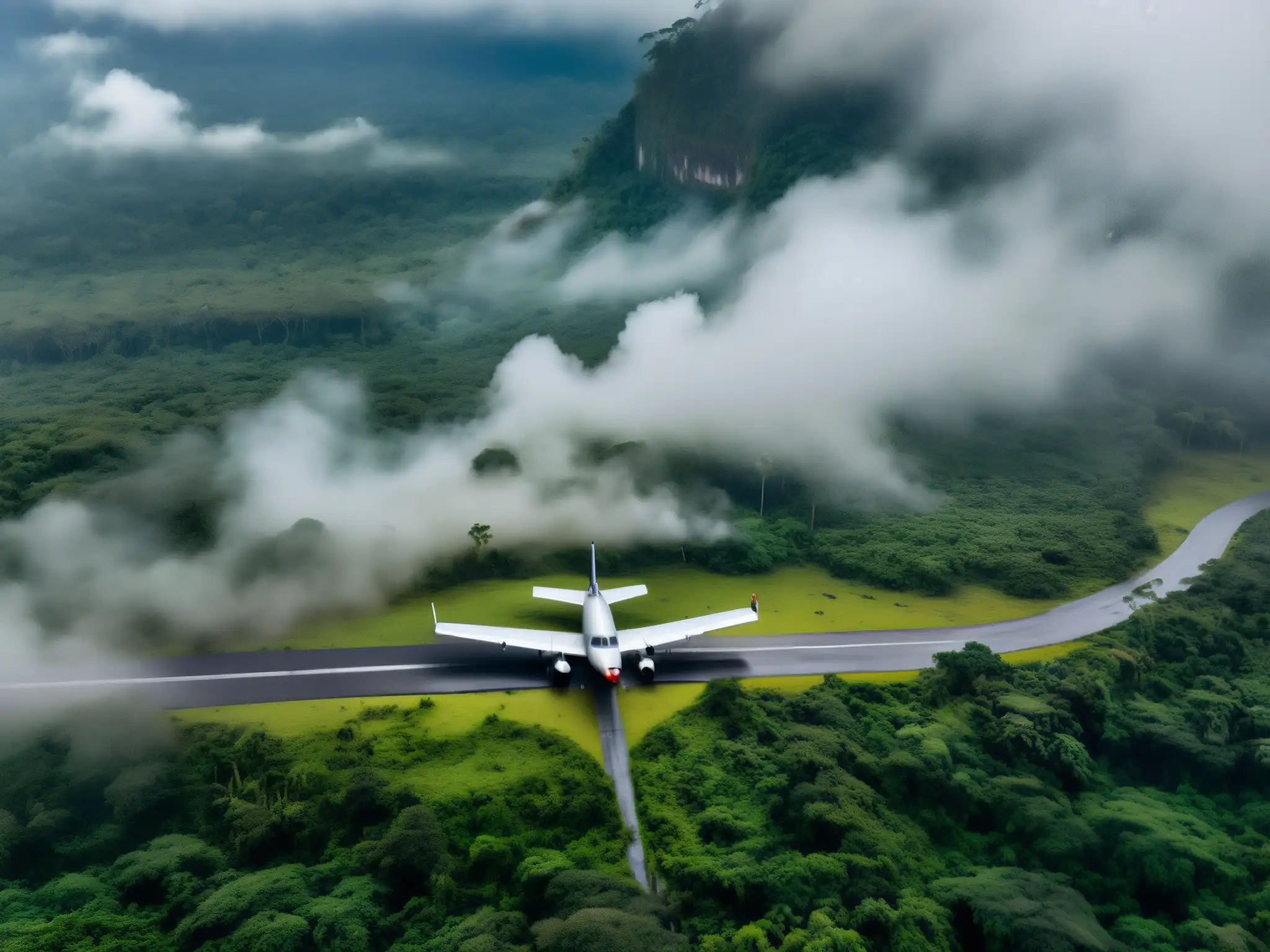 Un misterioso y remoto aeródromo envuelto en niebla, con un avión antiguo y detectives examinando pistas
