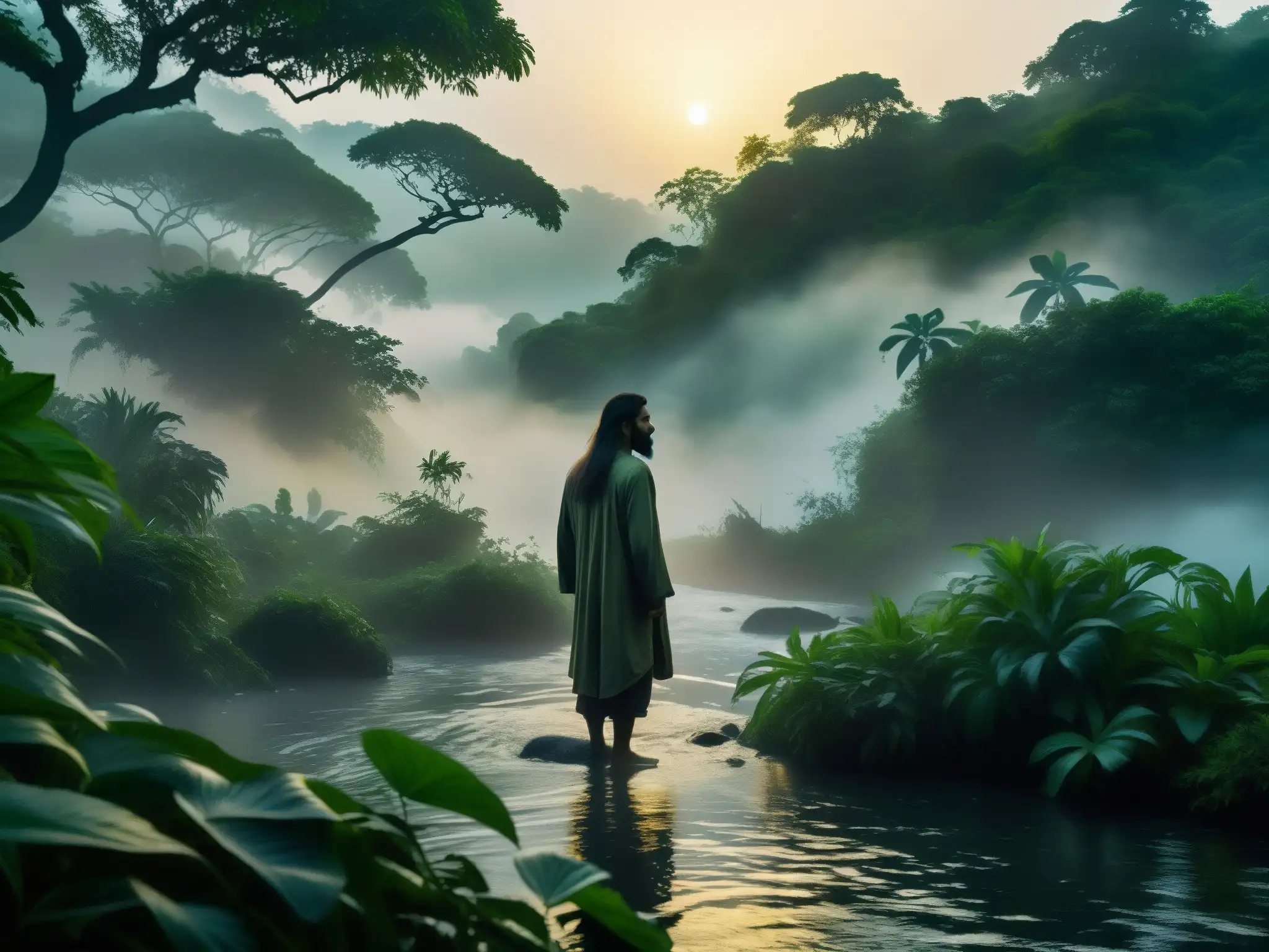 El misterioso Mohán hechicero aguarda en la ribera del río, entre la niebla y la luz de las plantas bioluminiscentes en la selva colombiana