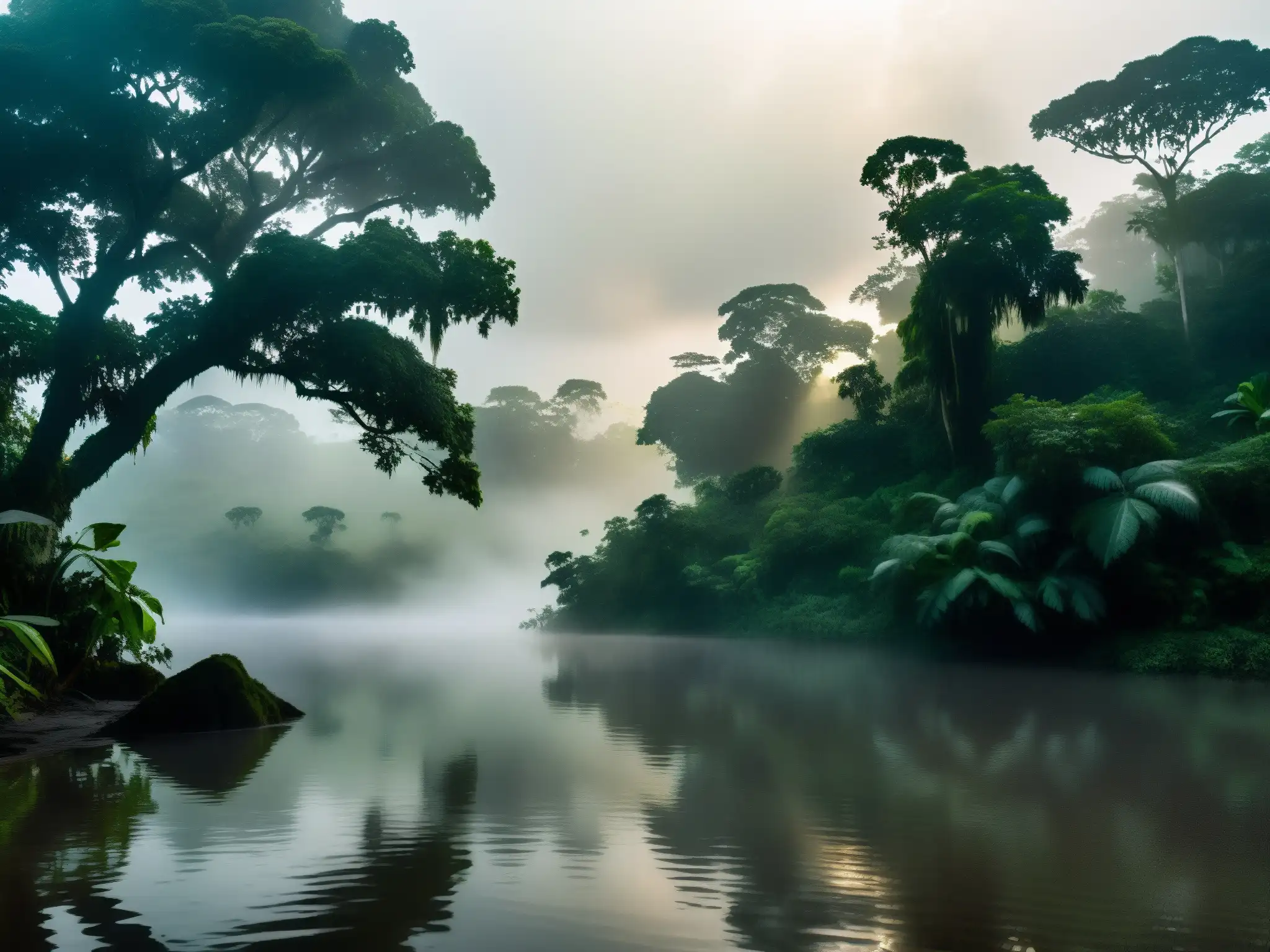 Misterioso río amazónico con niebla y silueta de figura, evocando el misterio del mito de la Encantada en el Amazonas