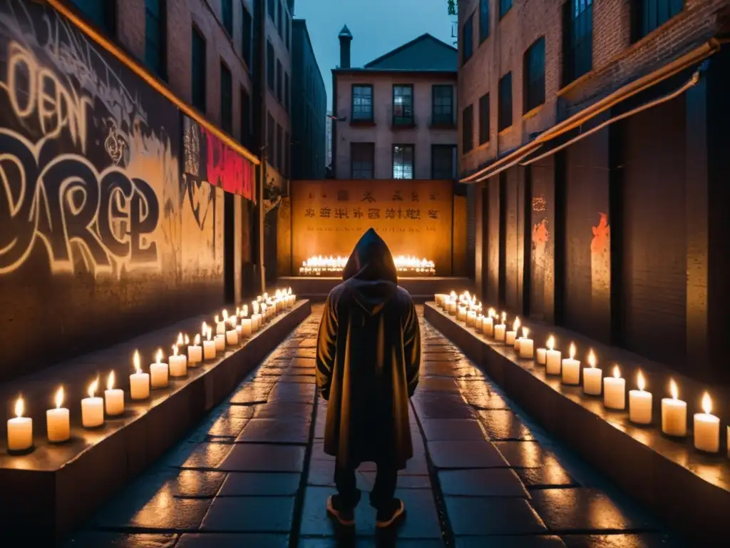 Un misterioso ritual esotérico se lleva a cabo en un callejón urbano, con grafitis y sombras inquietantes