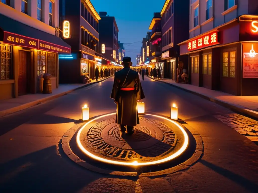 Un misterioso ritual esotérico se lleva a cabo en una calle urbana iluminada por luces de neón y farolas