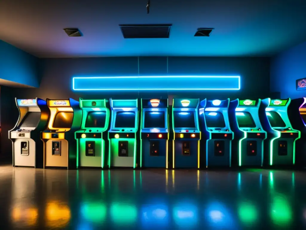 Un misterioso salón de arcade iluminado por luces azules y verdes, evocando el origen y mito de Polybius