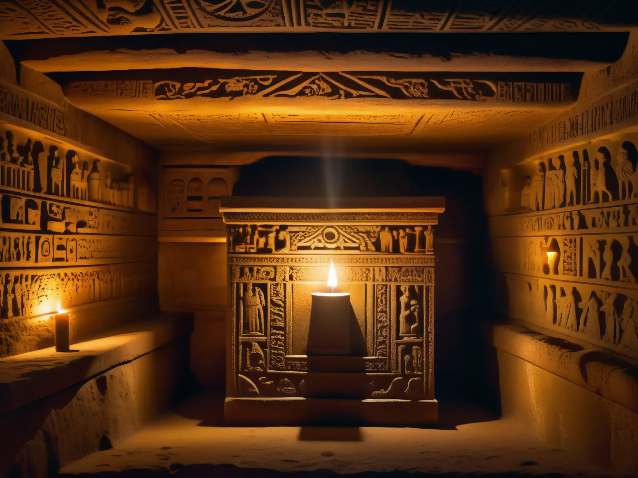 Un misterioso sarcófago iluminado por la luz que entra desde arriba en una cámara subterránea