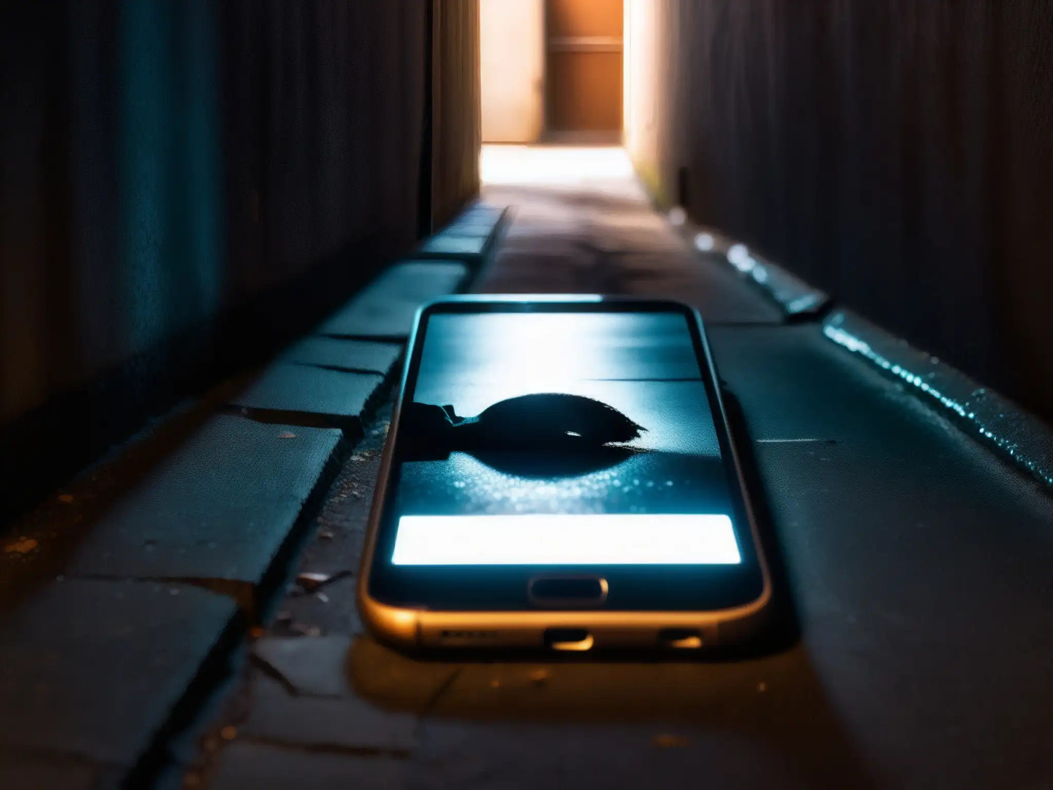 Un misterioso smartphone con pantalla rota en un callejón oscuro