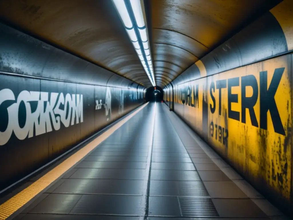 Misterioso túnel subterráneo del metro de Estocolmo con figuras sombrías y grafitis, generando una atmósfera fantasmagórica