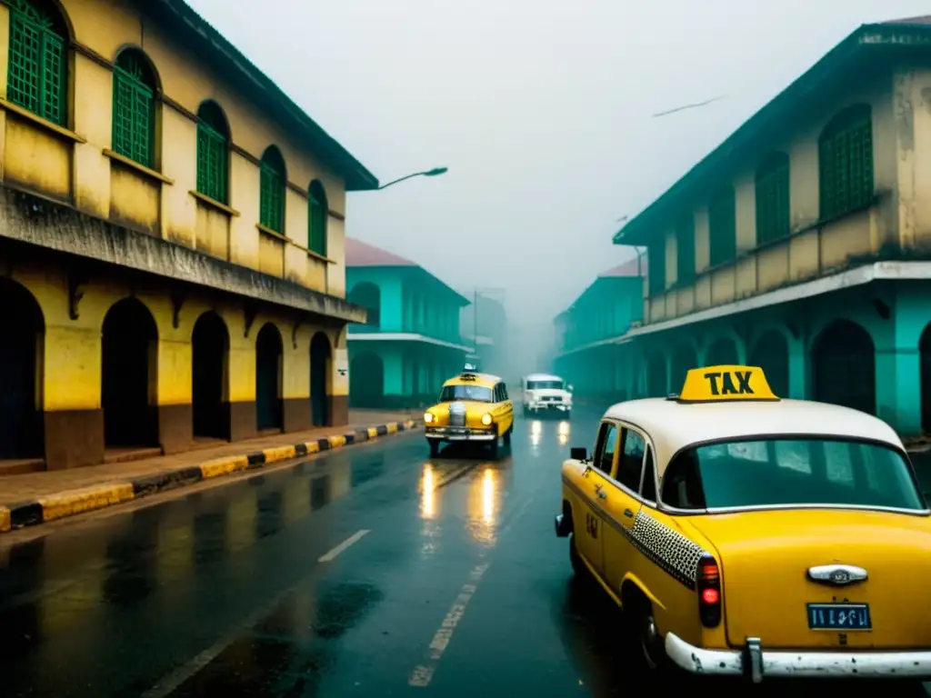 Un misterioso taxi amarillo en una oscura calle de Accra, Ghana, evocando leyendas urbanas y misterio