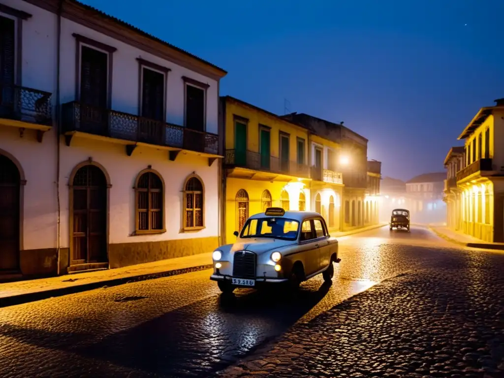 Un misterioso taxi fantasma en una calle de Porto Novo, iluminada por la luna