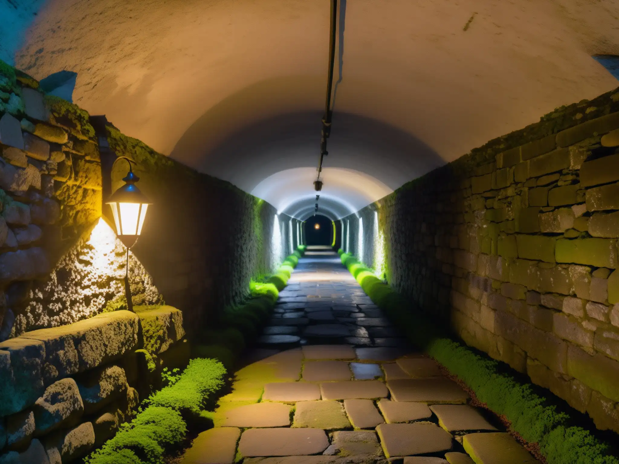 Un misterioso túnel subterráneo iluminado por una linterna titilante, con paredes de piedra cubiertas de musgo