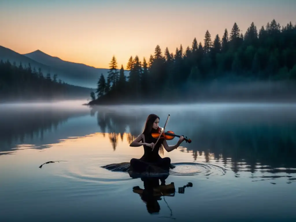 Un misterioso violinista acuático, mito Näcken, crea una atmósfera etérea en un lago neblinoso al anochecer
