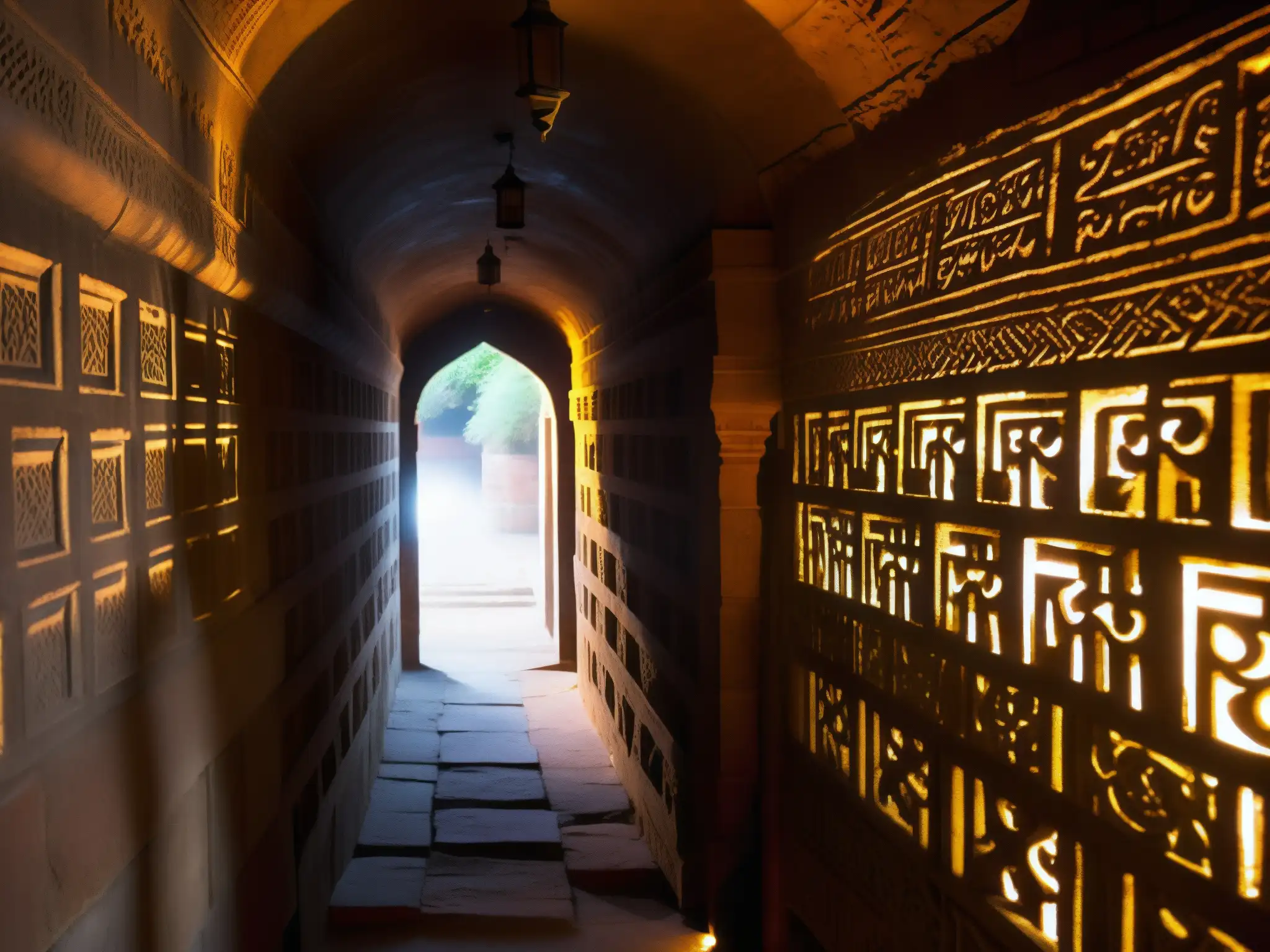 Explora los misteriosos túneles secretos de Agra, con antiguas paredes de piedra y símbolos enigmáticos iluminados por antorchas