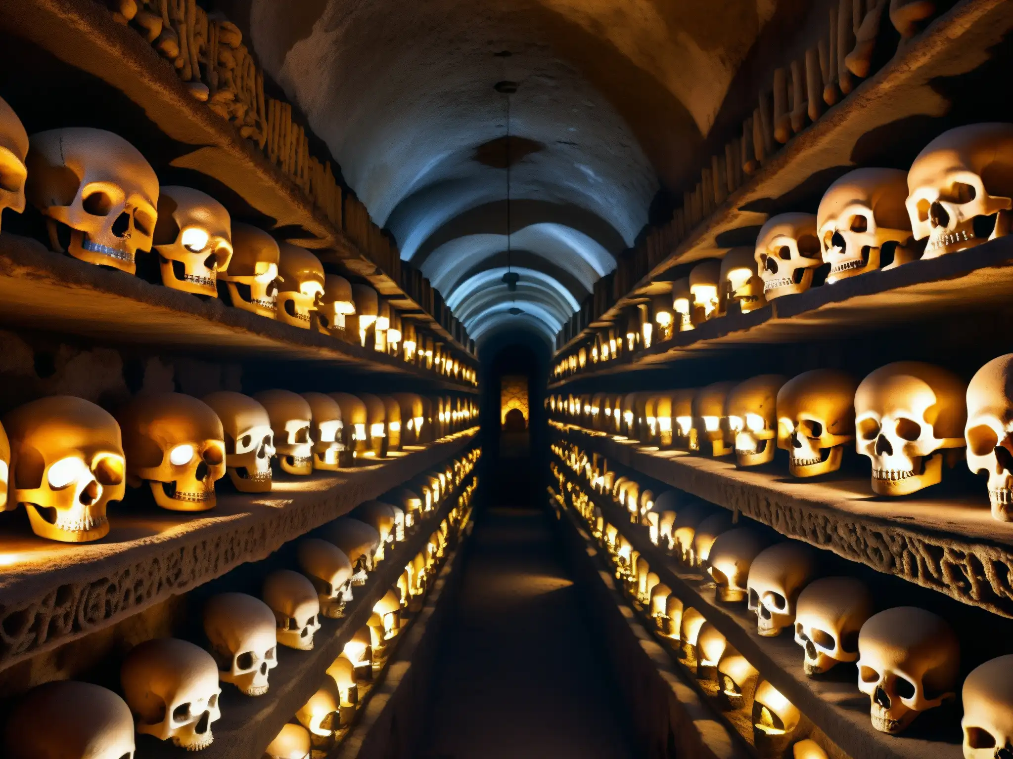 Explora la mística de las catacumbas de Palermo, con antiguos cráneos y huesos dispuestos en pasillos oscuros, iluminados por tenues linternas