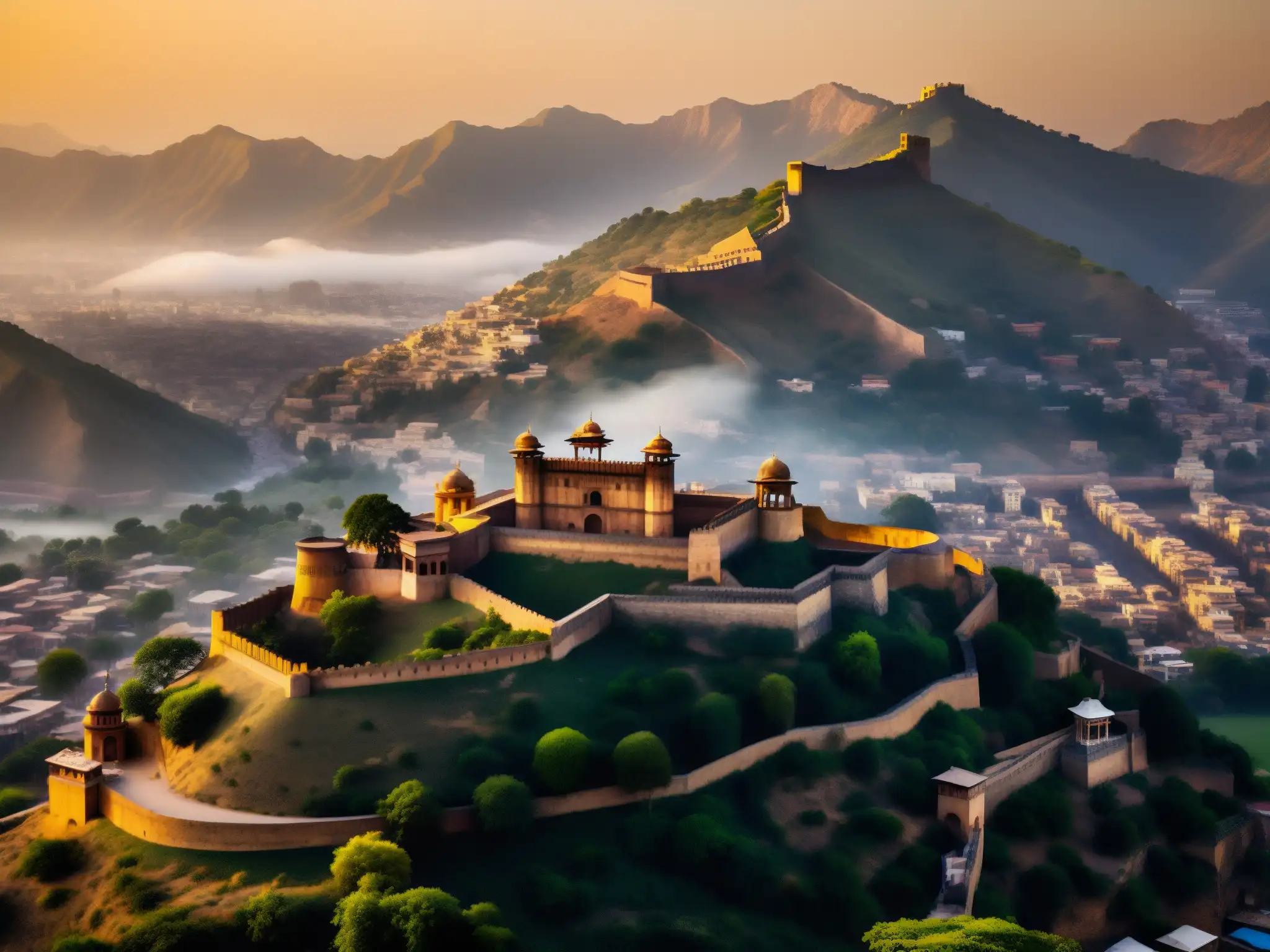 La mística fortaleza de Jaipur se ilumina con el cálido resplandor del atardecer, mientras las montañas se perfilan en la lejanía