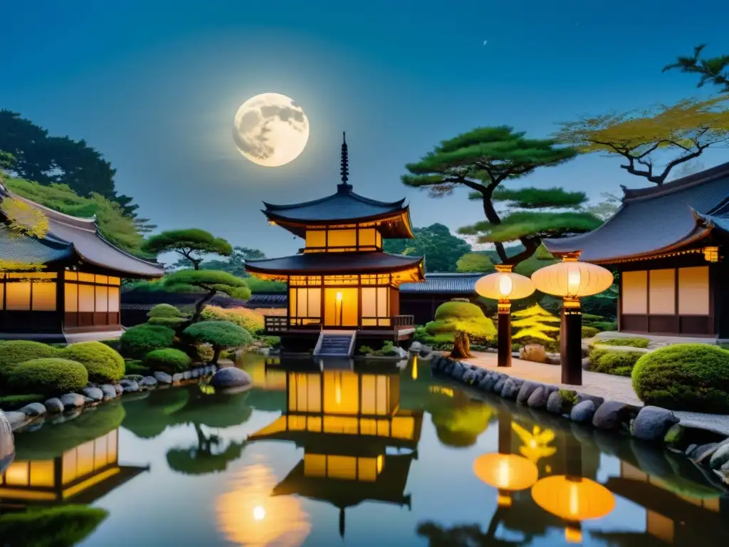Un místico jardín japonés iluminado por la luna llena, evocando el encanto de Tsukuyomi y las leyendas urbanas