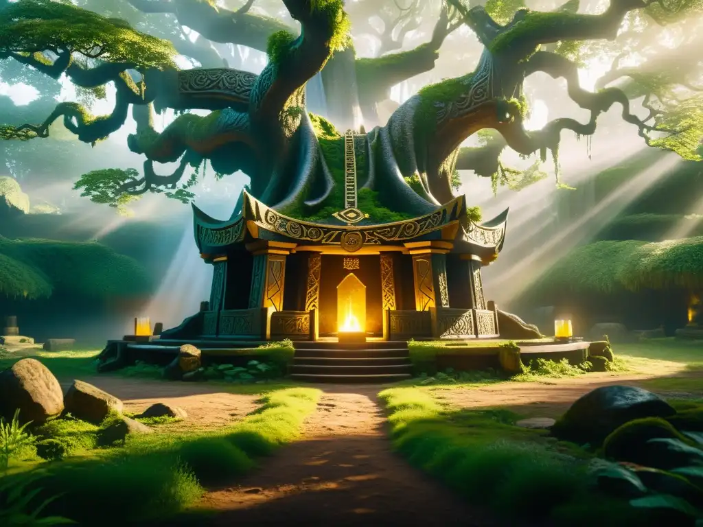 El místico Pozo de Urd rodeado de árboles antiguos y runas, exudando sabiduría ancestral y poder eterno en un bosque mágico