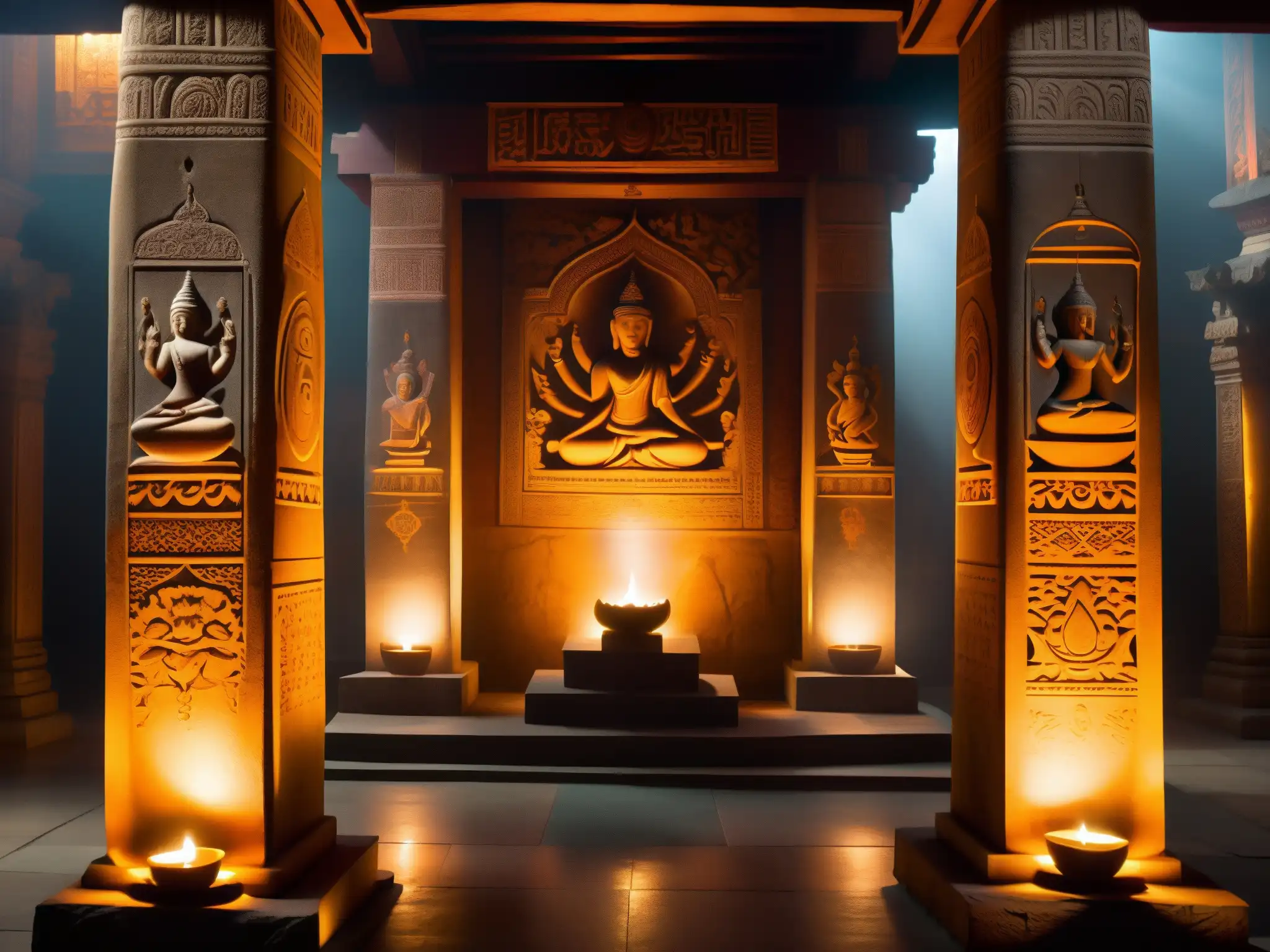 En el místico templo, los practicantes realizan rituales rodeados de yoginis voladoras y figuras místicas, creando una atmósfera esotérica