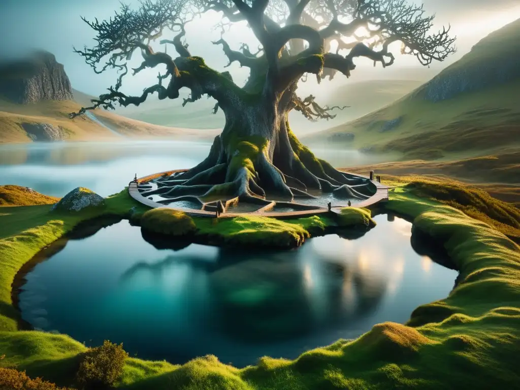 El mítico Pozo de Urd, entre árboles antiguos, envuelto en neblina, evoca el elixir de la juventud nórdico