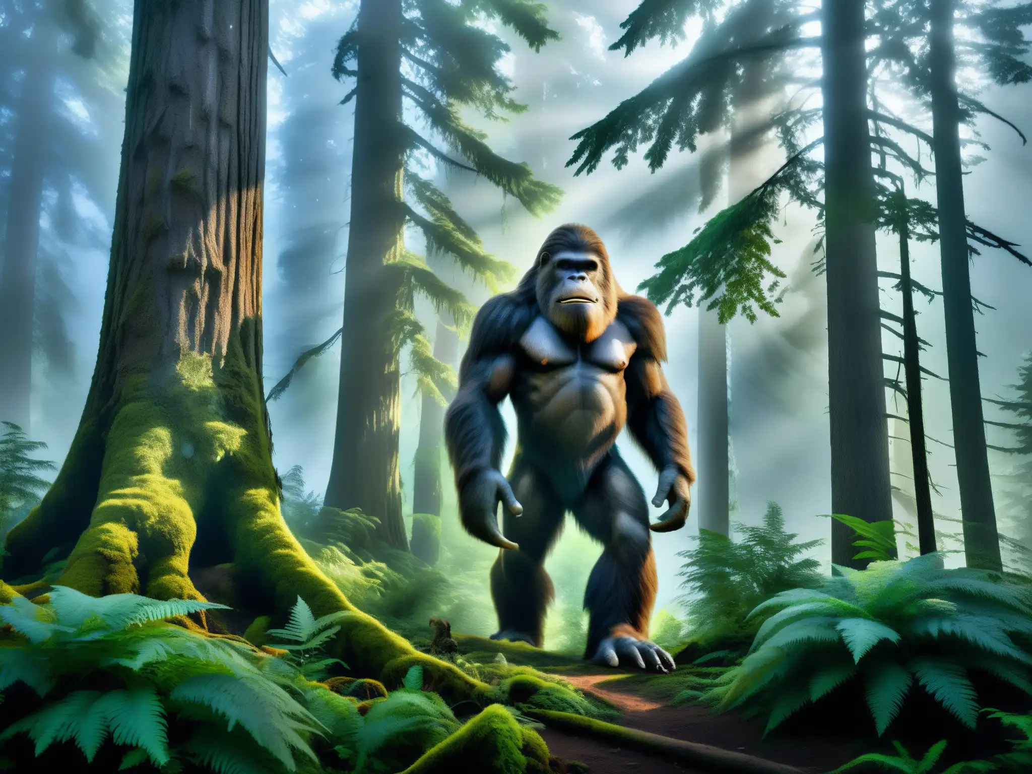 El mito del Bigfoot desenmascarado: Imagen detallada de un bosque neblinoso y misterioso, con árboles antiguos y atmósfera enigmática