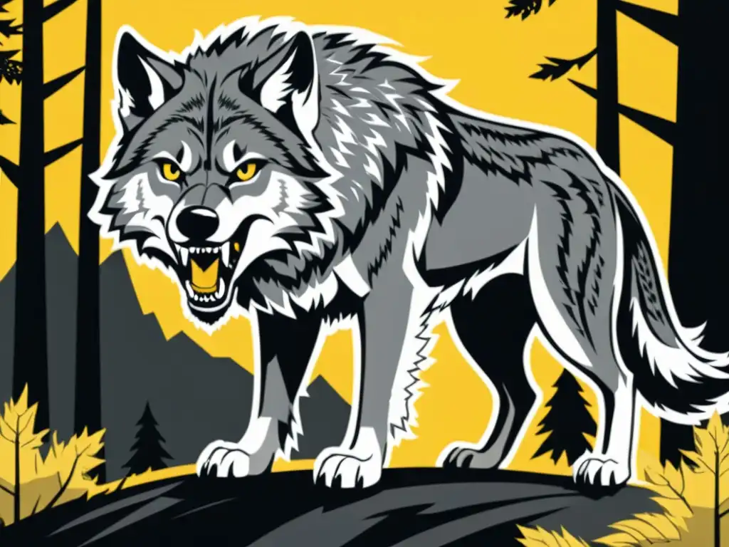 El mito del lobo Fenrir cobra vida en una ilustración detallada, con pelaje gris, ojos amarillos y una atmósfera de poder y amenaza en un bosque oscuro