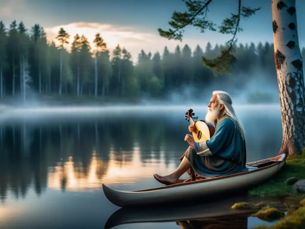 Väinämöinen, héroe de la mitología finlandesa, tocando el kantele junto al lago místico, rodeado de árboles antiguos y la aurora boreal danzante