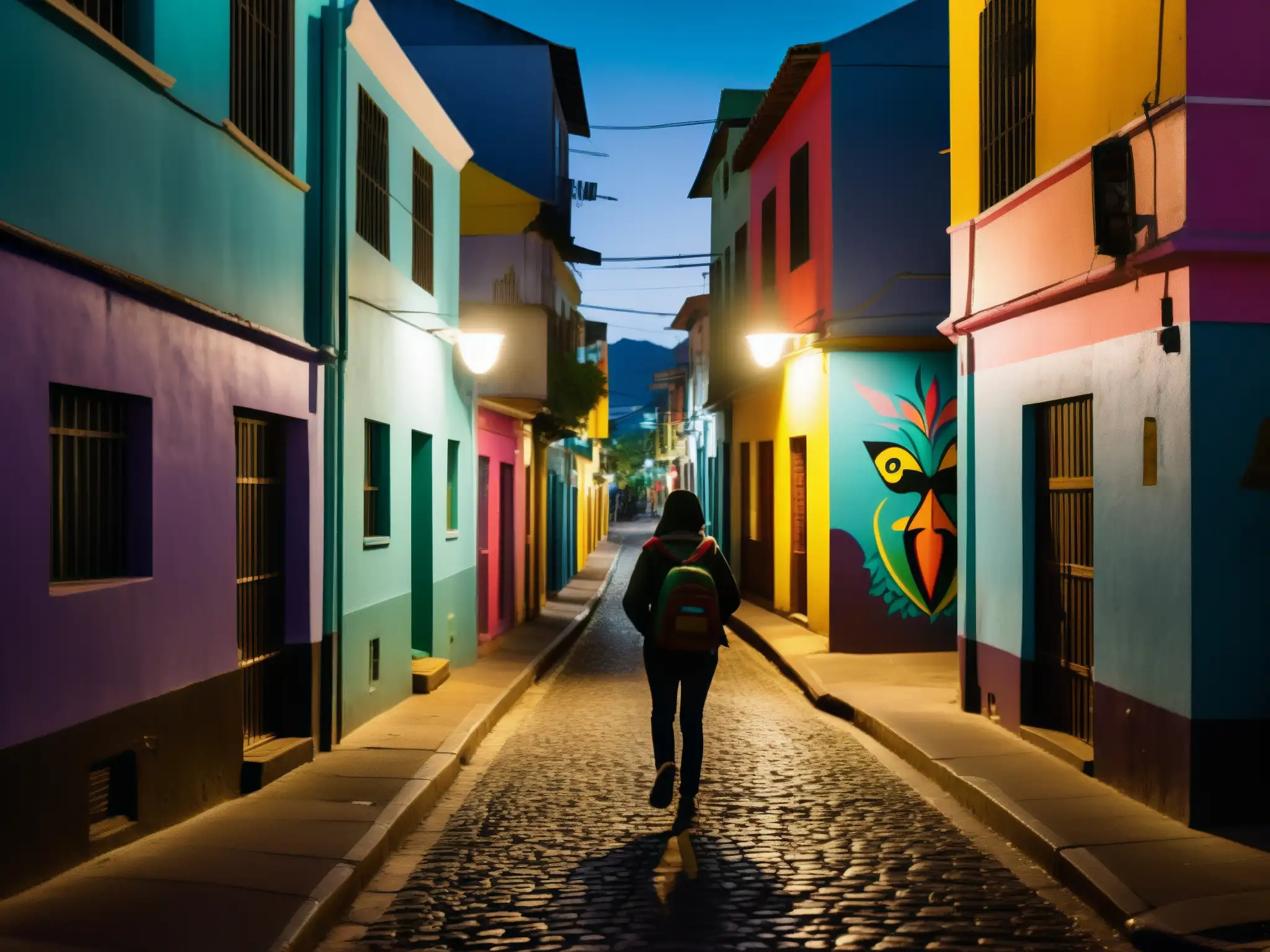 Mitos y leyendas urbanas América del Sur: Noche misteriosa en la ciudad, con callejones iluminados, murales coloridos y siluetas enigmáticas
