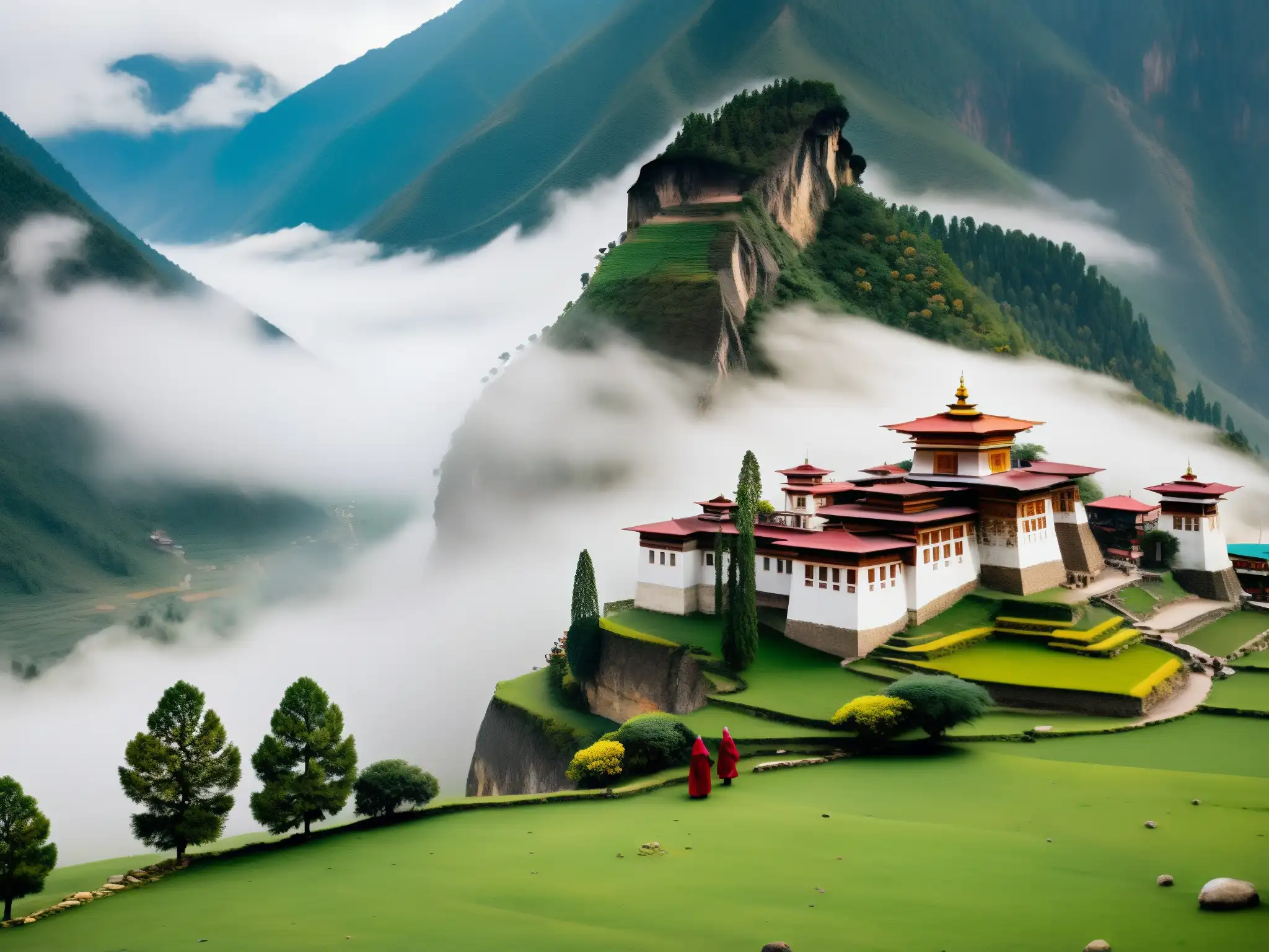 Monasterio de piedra solitario en las neblinosas montañas de Bhután con monjes, banderas de oración y atmósfera espiritual
