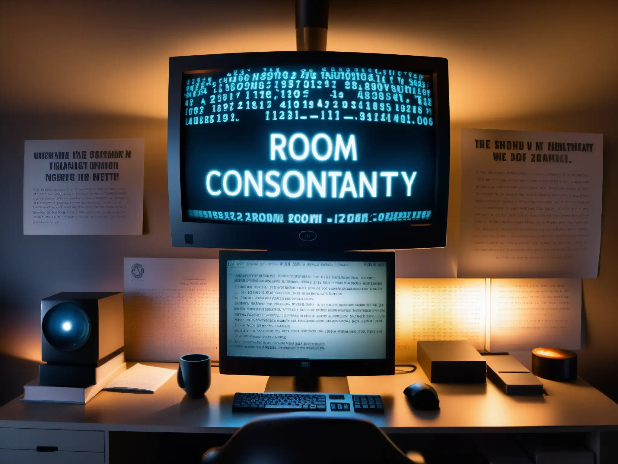 Un monitor iluminado en penumbra muestra mensajes y símbolos en una habitación oscura