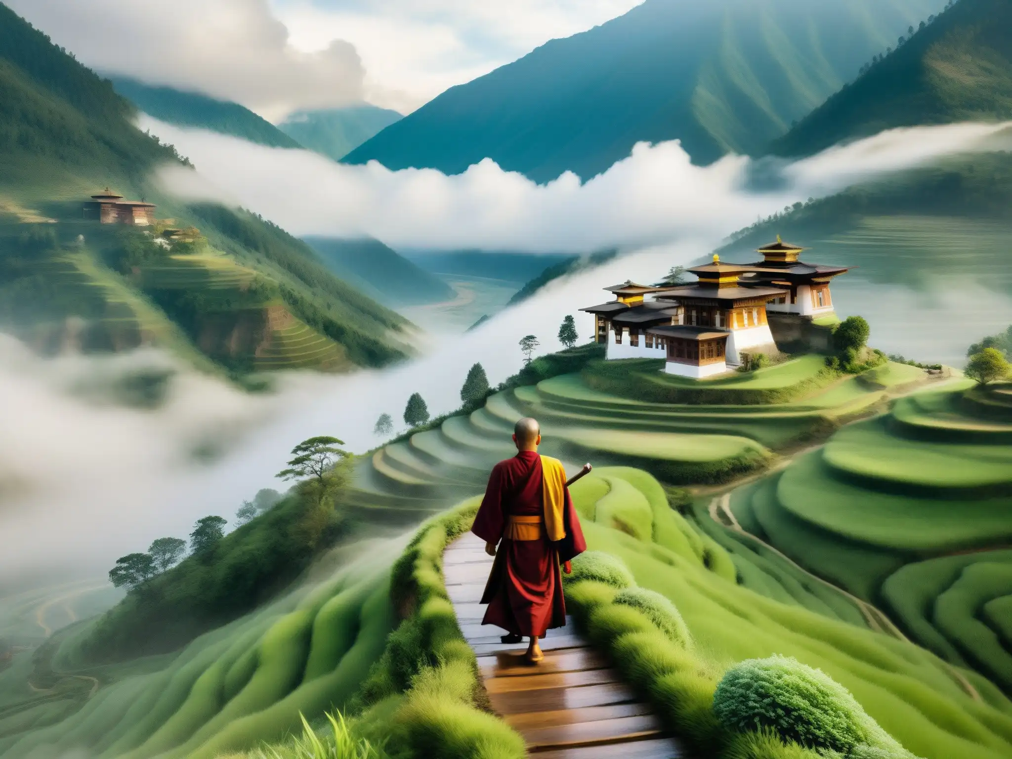 Un monje solitario camina por sendero en las montañas brumosas de Bhután, evocando el Espíritu del Monje Errante Bhután