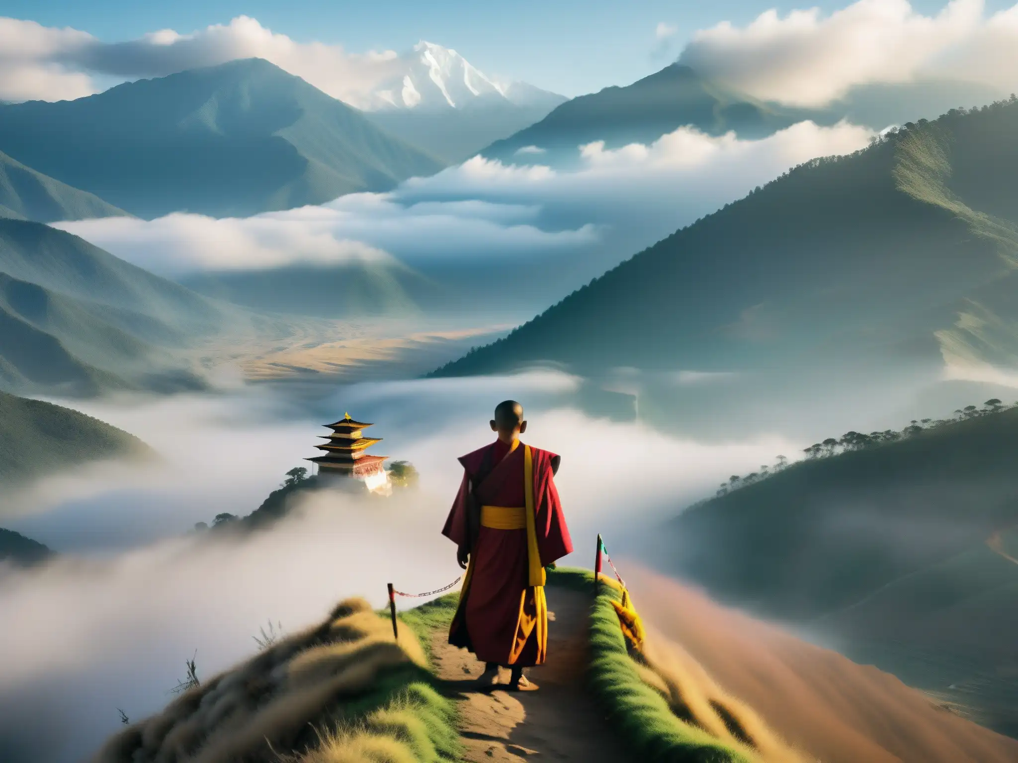 Un monje solitario contempla el valle en la niebla de la mañana, rodeado de vibrantes banderas de oración