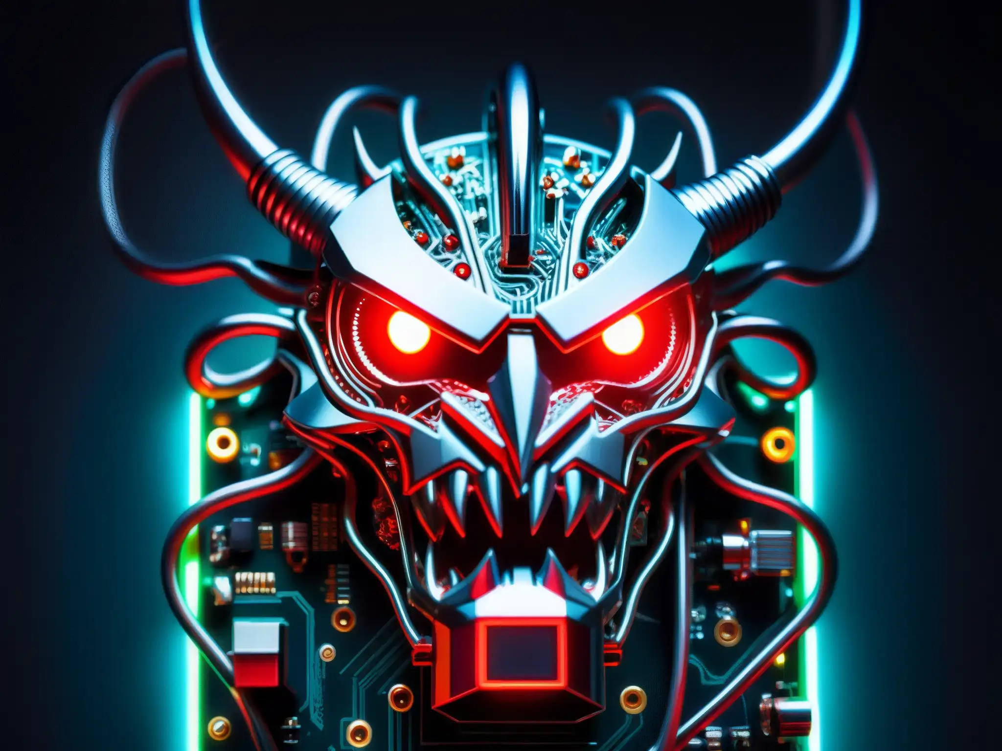 Un monstruo digital de aspecto metálico emerge entre cables y placas electrónicas, con ojos rojos brillantes y luces LED parpadeantes