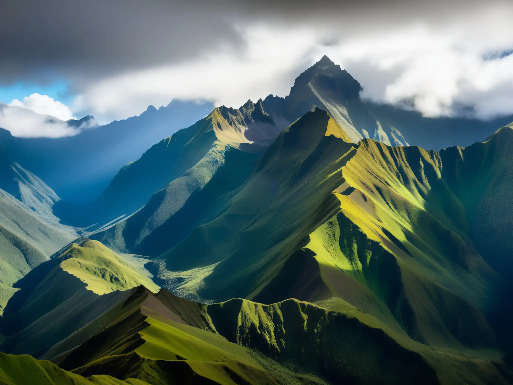 El Monstruo del Páramo Cordillera Andina emerge entre la neblina, con picos imponentes y el vibrante verdor del páramo en primer plano