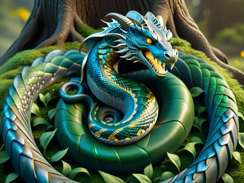 La monstruosidad de Jormungandr, la serpiente de Midgard, enredada alrededor de Yggdrasil, el Árbol del Mundo, evoca las leyendas de los Hijos de Loki