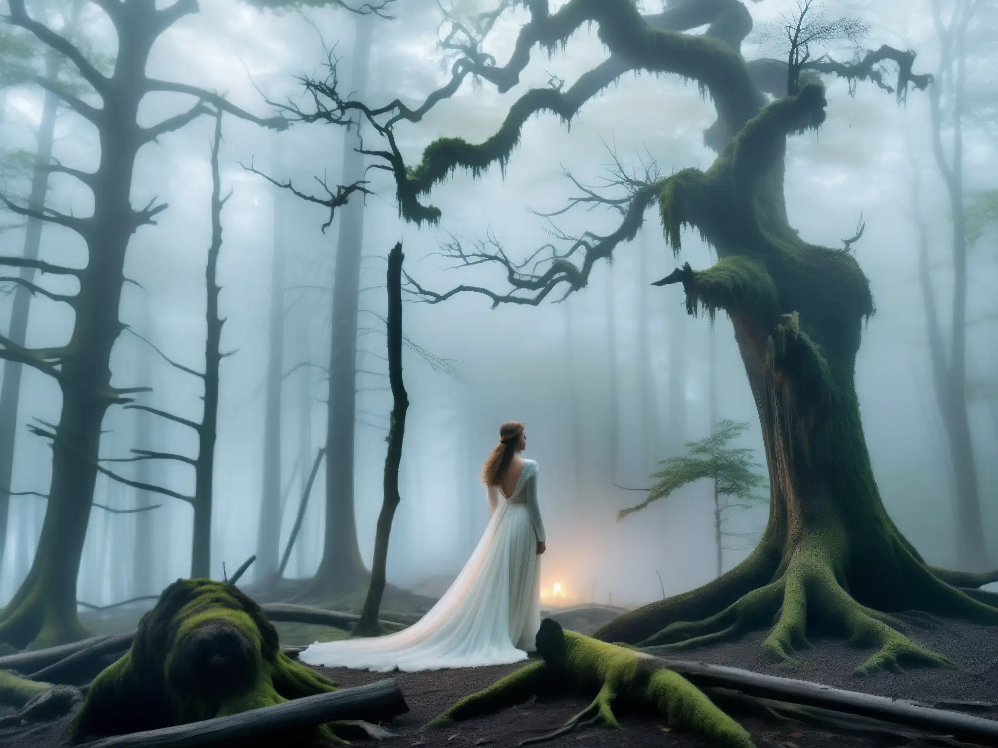 Una mujer blanca de los Apalaches emerge misteriosamente de la neblina en un claro del bosque, evocando su legendaria presencia