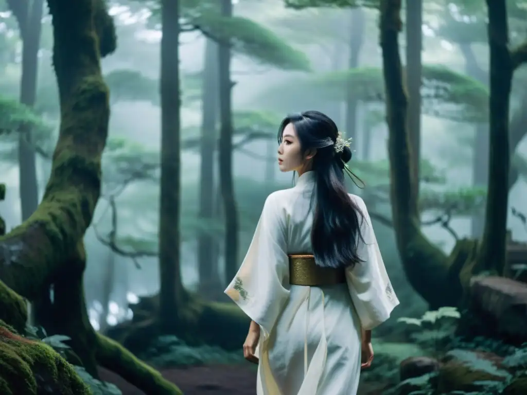 Mujer de blanco mito urbano caminando misteriosa en el bosque neblinoso, rodeada de árboles antiguos y atmósfera enigmática