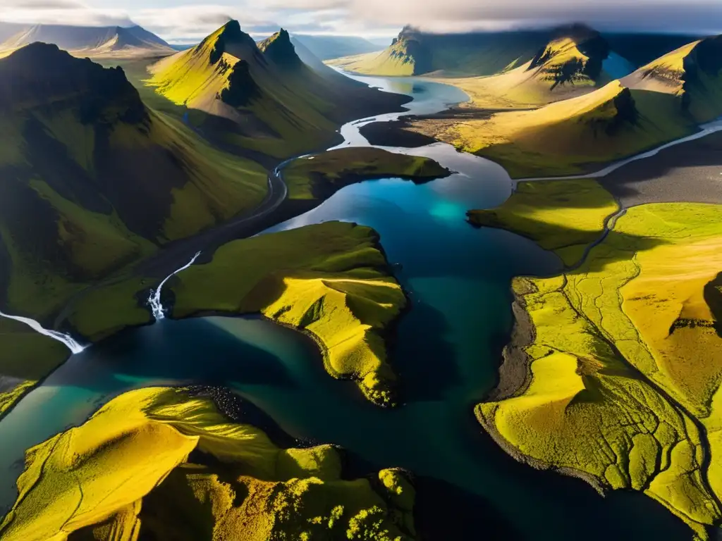 Una mujer de la montaña islandesa contempla la majestuosidad del paisaje: montañas, ríos y luz cálida crean un contraste cautivador