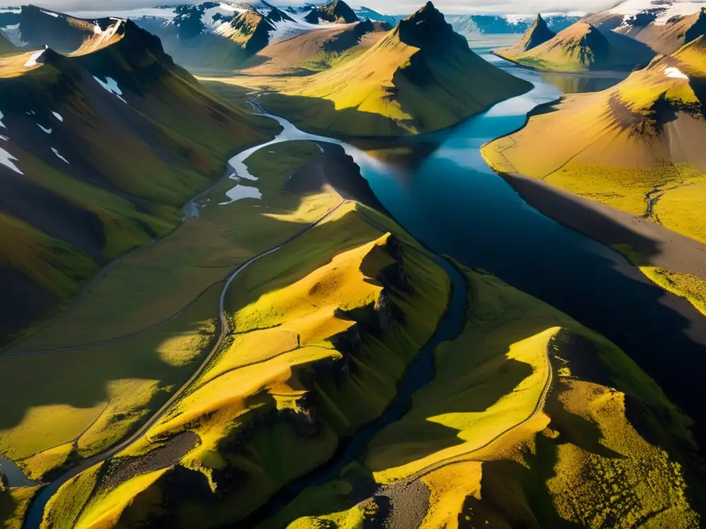 Una mujer de la montaña islandesa contempla la majestuosidad del paisaje nevado y el río serpenteante
