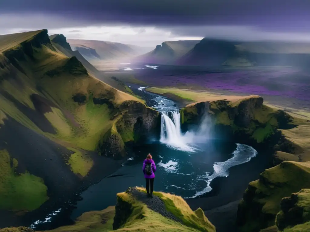 Mujer de la montaña islandesa contemplando la vasta y salvaje belleza del paisaje, bajo un cielo etéreo de grises y morados