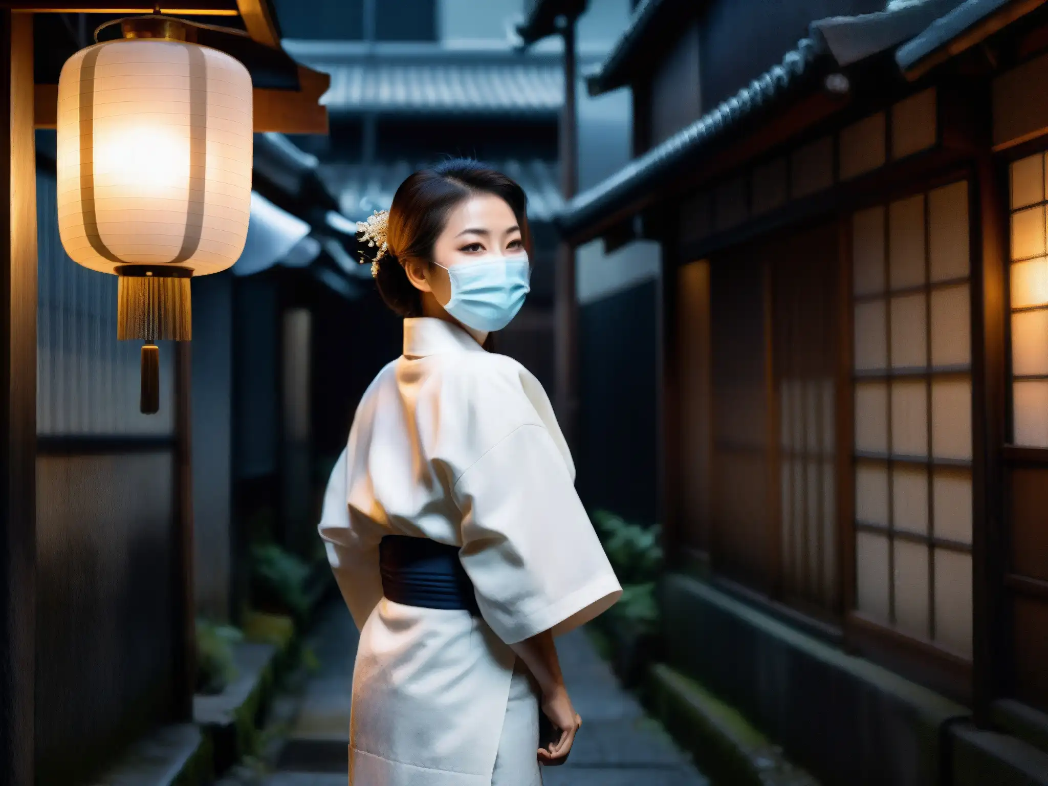 Una mujer japonesa con kimono blanco y máscara quirúrgica, de mirada penetrante en un callejón oscuro