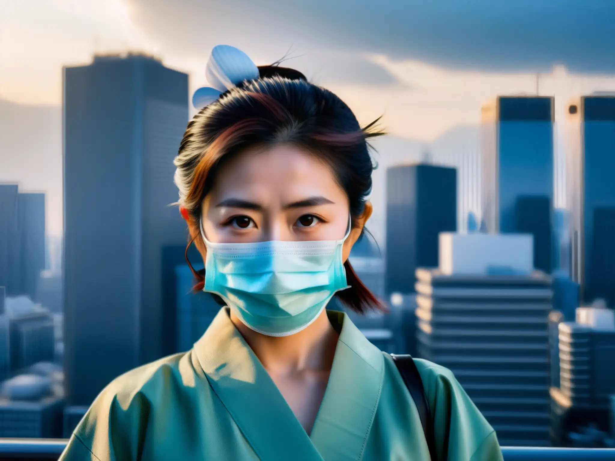 Una mujer en kimono y máscara quirúrgica, con una mirada enigmática, entre rascacielos de Tokio