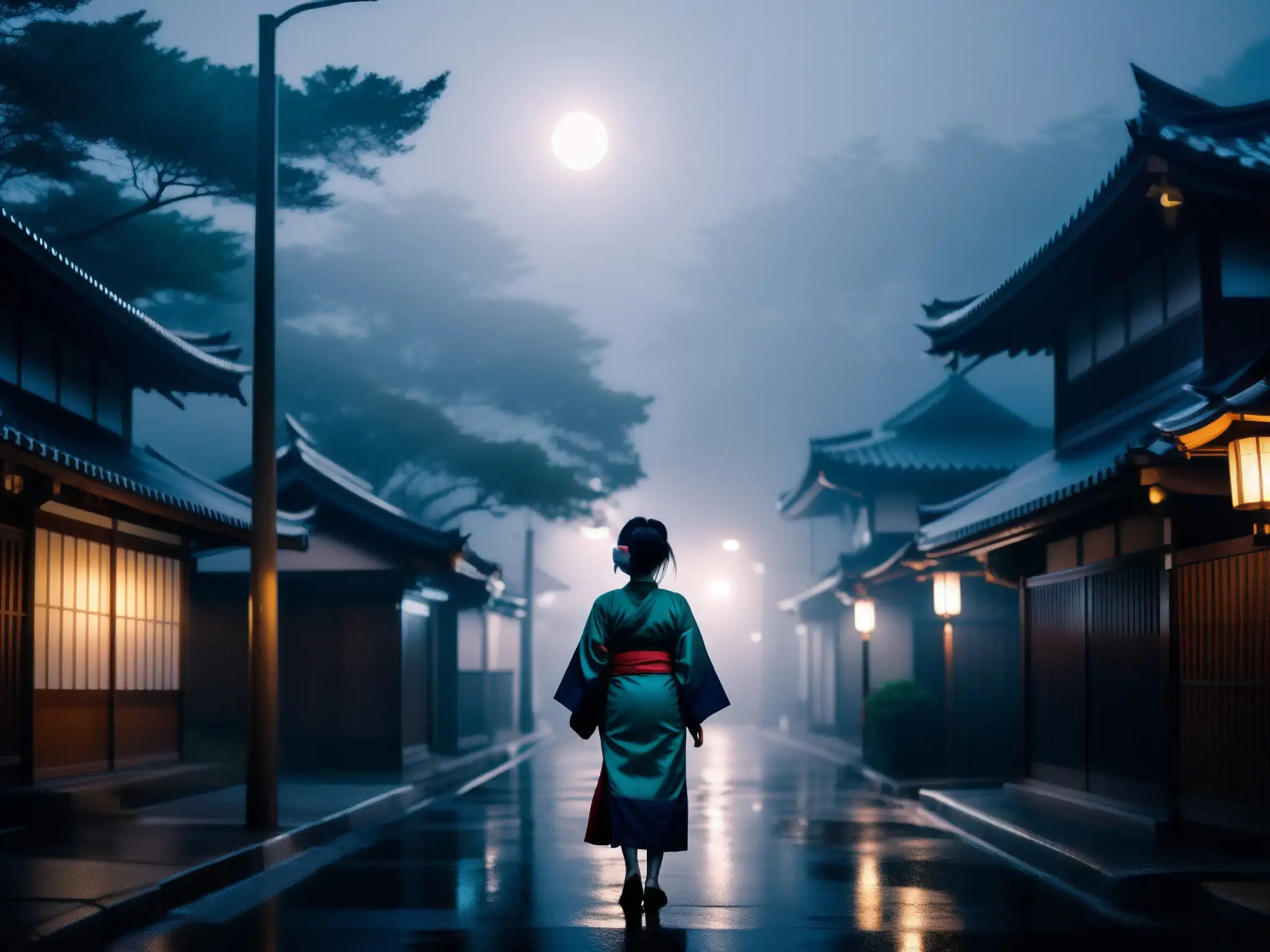 Una mujer en kimono tradicional bajo la luz tenue de la calle, evocando la leyenda urbana de Kuchisakeonna en Japón